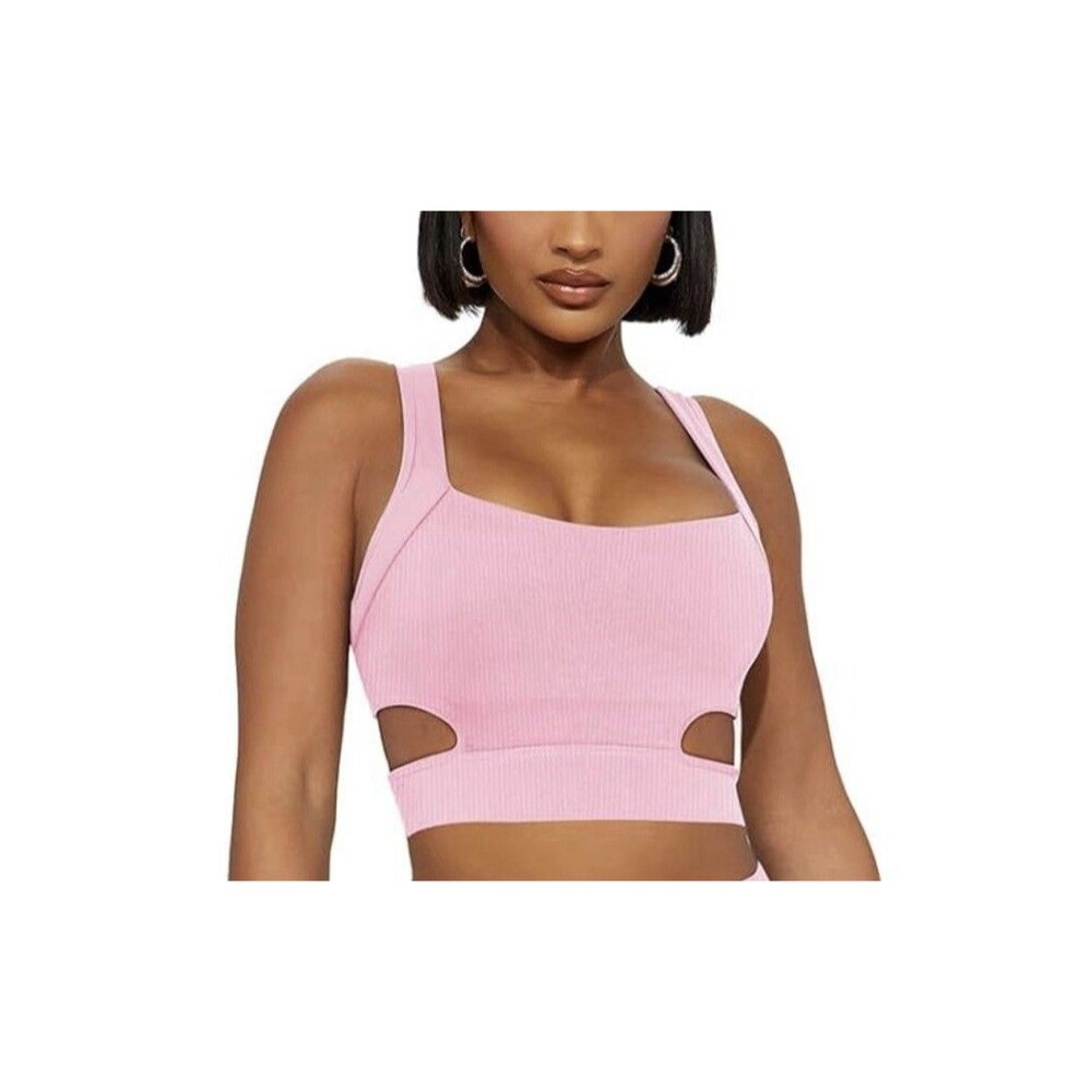 Yoga Cut Out Sports Bra Crop Top Baby Pink Ribbed Sz XL Athleisure Gym Modern